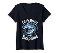 Womens Life is Better with Dolphins Ocean Lovers Casual Summer V-Neck T-Shirt