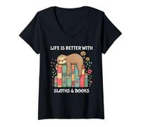 Women's Life is Better with Sloths and Books Cute Sloth Lover V-Neck T-Shirt