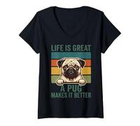 Women's Life is Great A Pug Makes It Better Funny Dog Lover V-Neck T-Shirt