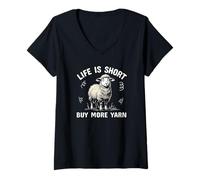 Womens Life Is Short Buy More Yarn Sheep Crochet Knit Stitch Fun V-Neck T-Shirt