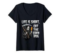 Women's Life is Short Eat The Corn Dog Ironic Grim Reaper Meme V-Neck T-Shirt