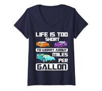 Womens Life is Too Short to Worry About Miles Per Gallon - Race Car V-Neck T-Shirt