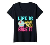 Women's Life is What You Bake It Cupcake Cakes Baker Baking V-Neck T-Shirt