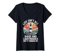 Womens Life Isn't All Dogs and Lighthouses Funny Lighthouse Ocean V-Neck T-Shirt