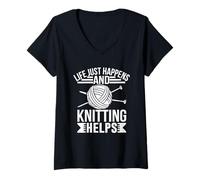 Womens Life Just Happens and Knitting Helps V-Neck T-Shirt