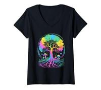 Womens Life of Tree with Glowing Mushrooms and Roots V-Neck T-Shirt