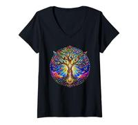 Women's Life Tree Medieval Gothic Cathedral Mosaic Art Circle V-Neck T-Shirt
