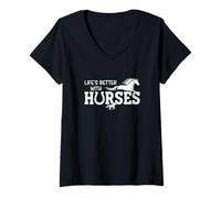 Womens Life's Better with Horses Equestrian Riding Farm V-Neck T-Shirt