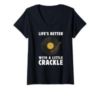 Womens Lifes Better with Little Crackle Vinyl LP Record Turntable V-Neck T-Shirt