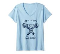 Women's Lift Heavy Nap Hard Weightlifting Panda Bear Vintage Design V-Neck T-Shirt