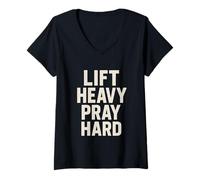 Womens Lift Heavy Pray Hard Motivational Christian Faith Fitness V-Neck T-Shirt