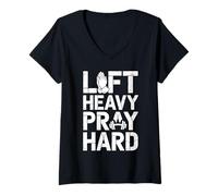 Womens Lift Heavy Pray Hard Motivational Faith Gym Workout Fitness V-Neck T-Shirt
