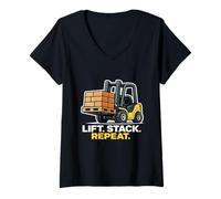 Women's Lift Stack Repeat Forklift Operator Graphic V-Neck T-Shirt