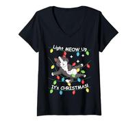 Womens Light Meow Up, It’s Christmas! Funny Cat Tangled in Lights V-Neck T-Shirt