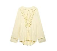 Women's Light Mint Leaf Edge Shirt Solid Color Long Sleeve Pullover Casual Tops Ruffle Blouse S