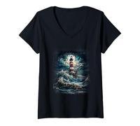 Women's Lighthouse Clouds Ocean Storm Landscape V-Neck T-Shirt