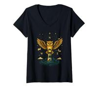 Womens Lighthouse Owl Wind Compass Ocean Map Art V-Neck T-Shirt