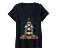 Womens Lighthouse Seaside Christmas Tree Xmas V-Neck T-Shirt