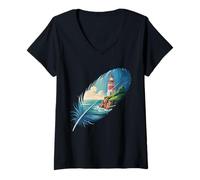 Womens Lighthouse Within a Feather Coastal Tranquility V-Neck T-Shirt