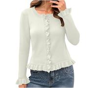 Women's Lightweight Crewneck Cardigan Jumper Button Down Sweater Ruffle Cardigans Casual Lightweight Ladies Summer Cardigans Knit Top Shrugs Outwear Holiday Clothes White