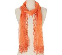 Women's lightweight Feminine lace teardrop fringe Lace Scarf Vintage Scarf Mesh Crochet Tassel Cotton Scarf for Women, Orange, One Size