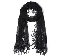 Women's lightweight Feminine Lace teardrop fringe Vintage Mesh Crochet Tassel Scarf for Women, Black, One Size