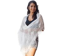 Women's lightweight Feminine Lace teardrop fringe Vintage Mesh Crochet Tassel Scarf for Women, White, One Size