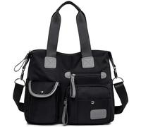 Women's Lightweight Floral Top Handle Handbag Multi-pockets Nylon Work Totes Water Resistant Travel Crossbody Shoulder Bag, Pure Black, M
