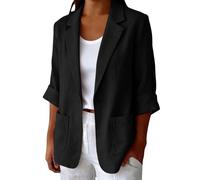 Womens Lightweight Jacket Linen Jackets for Women Uk Lightweight Relaxed Fit 3/4 Sleeve Blazers Ladies Casual Smart Cotton Summer Suit Jacket Coats Notch Lapel One Button Blazer Tops with Pocket Black