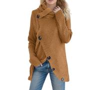 Womens Lightweight Jumpers Turtleneck Sweaters Long Sleeve Tops Ladies Button Side Splits Tunic Striped Warm Comfy Casual Round Neck Y2K Autumn and Winter Streetwear Yellow