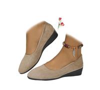 Women's Lightweight Leather Shoes, Women's Comfort Arch Support Wedge Slip-On Shoes Ladies Low Heel Work Ballerina Loafer Shoes (Khaki-Cloth,6)