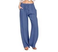 Women's Lightweight Linen Trousers Palazzo for Women UK White Loose Solid Color Cotton Drawstring Elastic Waist Wide Leg with Pockets Joggers (Dark Blue, XL)