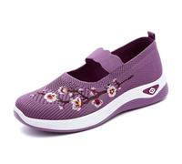 Womens Lightweight Mesh Walking Shoes Floral Embroidered Slip On Trainers Breathable Round Toe Comfortable Casual Sneakers Flexible Daily Holiday Leisure, 14-Purple, 36