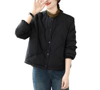 Womens Lightweight Puffer Jacket Winter Solid Color Diamond Quilted Coat Long Sleeve Round Neck Padded Coat Short Collarless Down Jackets Casual Button Up Quilted Outwear