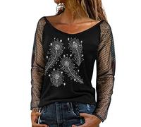 Women's Lightweight Pullover Shirts Long Sleeve Sexy Top Rhinestone Mesh Yarn O Neck Top Casual Wear Strap Party Blouse Shirt Short Sleeve Women, gray, M