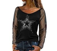 Women's Lightweight Pullover Shirts Long Sleeve Sexy Top Rhinestone Mesh Yarn O Neck Top Casual Wear Strap Party Blouse Shirt Short Sleeve Women, black, M