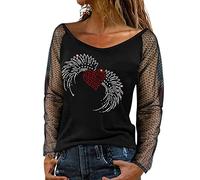 Women's Lightweight Pullover Shirts Long Sleeve Sexy Top Rhinestone Mesh Yarn O Neck Top Casual Wear Strap Party Blouse Shirt Short Sleeve Women, red, 3XL