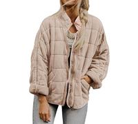 Womens Lightweight Quilted Jackets Long Sleeve Solid Color Coat Winter Warm Padded Down Warm Puffer Coat Stand Neck Drop Shoulder with Pockets Fashion Outwear Full-Zip Ladies'Jacket Plus Size