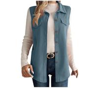 Women's Lightweight Softshell Gilets Corduroy Lapel Tank Tops Button Down Sleeveless Denim Jacket Casual Mid-Long Jean Vest Waistcoat Jacket Vintage Distressed Waistcoat for Spring Fall Winter