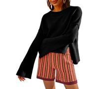 Womens Lightweight Sweaters Crewneck Bell-Style Sleeve Batwing Knit Tops Slouchy Soft Pullover Jumpers(Black,L)