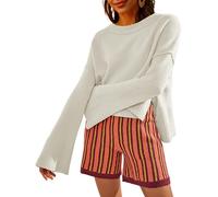 Womens Lightweight Sweaters Crewneck Bell-Style Sleeve Batwing Knit Tops Slouchy Soft Pullover Jumpers(White,M)