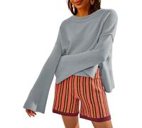 Womens Lightweight Sweaters Crewneck Bell-Style Sleeve Batwing Knit Tops Slouchy Soft Pullover Jumpers(Gray,S)