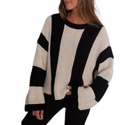 Womens Lightweight Sweaters Oversized Knit Tops Womens Striped Bell Sleeve Pullover Sweater Loose Color Block Crew Neck Vertical Knitwear Midshipman Sweatshirts for Men (Black, L)