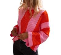 Womens Lightweight Sweaters Oversized Knit Tops Womens Striped Bell Sleeve Pullover Sweater Loose Color Block Crew Neck Vertical Knitwear Midshipman Sweatshirts for Men (Red, M)