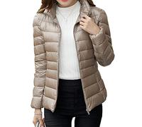 Women's Lightweight Thin Down Jacket Short Stand Collar Slim Down Filled Coat Packable Quilted Down Coat Winter Warm Padded Puffer Jacket Water Resistant Insulated Rain Jacket Plus Size Khaki XXL