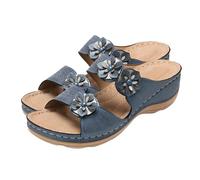 Women's Lightweight Wedge Sandals, Mules with Flower Slippers, Soft Sole Slippers, Non-Slip Bathing Shoes, Peep Toe, Sliding Sandals, Solid Sole, Mules, Indoor Slippers, Boho Style Slippers, blue, 8