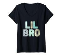 Womens Lil Bro - Little Brother, Younger Sibling Appliqué Sewing V-Neck T-Shirt