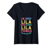 Womens Lila Here Doing Lila Things Funny Lila Name V-Neck T-Shirt