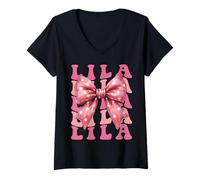 Womens LILA Name Coquette Bow Aesthetic for Women Girls V-Neck T-Shirt