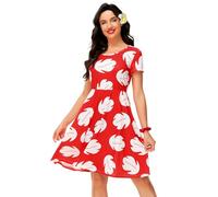 Womens Lilo Costume Dresses Hawaiian Red Leaf Print Princess Dress Party Knee Length Swing Dress L